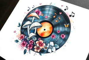vinyl record with mushrooms, flowers, hearts, and music notes tattoo idea