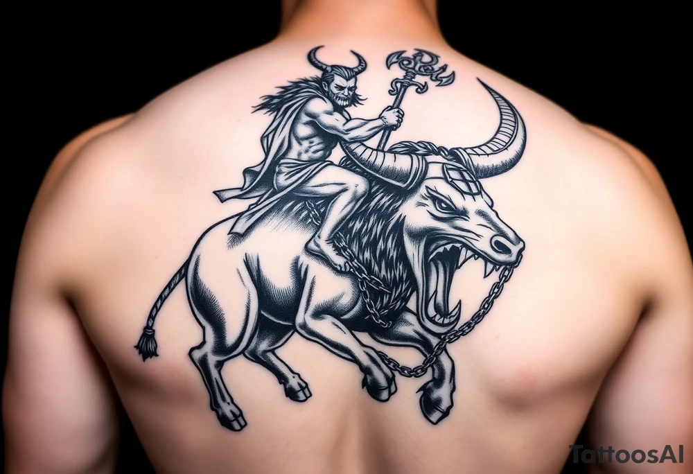 A minotaur with over sized teeth and a crazy guy on the back riding the Minotaur holding to the devils trident in 1 hand and the other hand holding a chain that’s around the beastn eck hanging on as if his life dependent on it tattoo idea