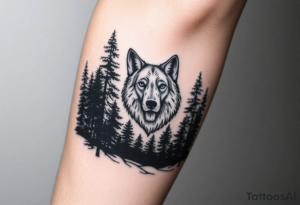 Tall pine trees surrounding a large wolf head over the treeline tattoo idea
