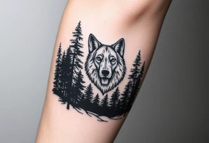 Tall pine trees surrounding a large wolf head over the treeline tattoo idea