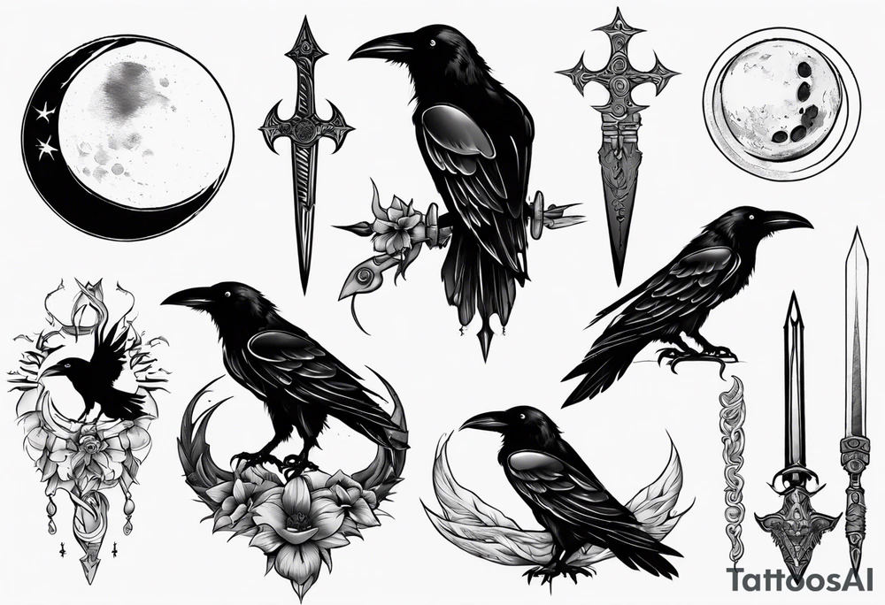 Raven , dagger , moon tattoo idea