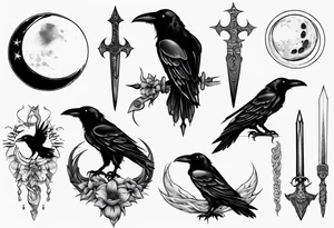 Raven , dagger , moon tattoo idea