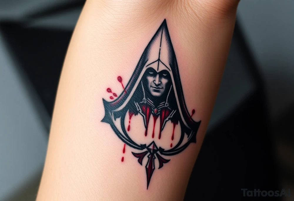 Assassins Creed emblem with Ezio hooded character with blood splashes tattoo idea