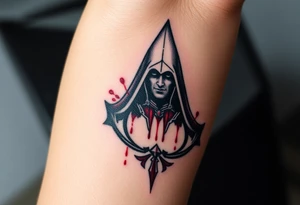 Assassins Creed emblem with Ezio hooded character with blood splashes tattoo idea