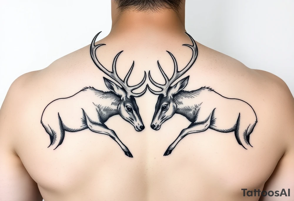 Two full body deer hitting horns in a low down fighting manner tattoo idea