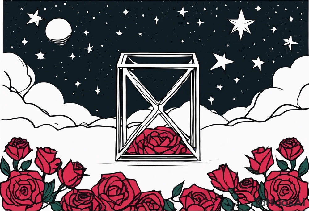 Tesseract with a field of small roses and stars around it tattoo idea