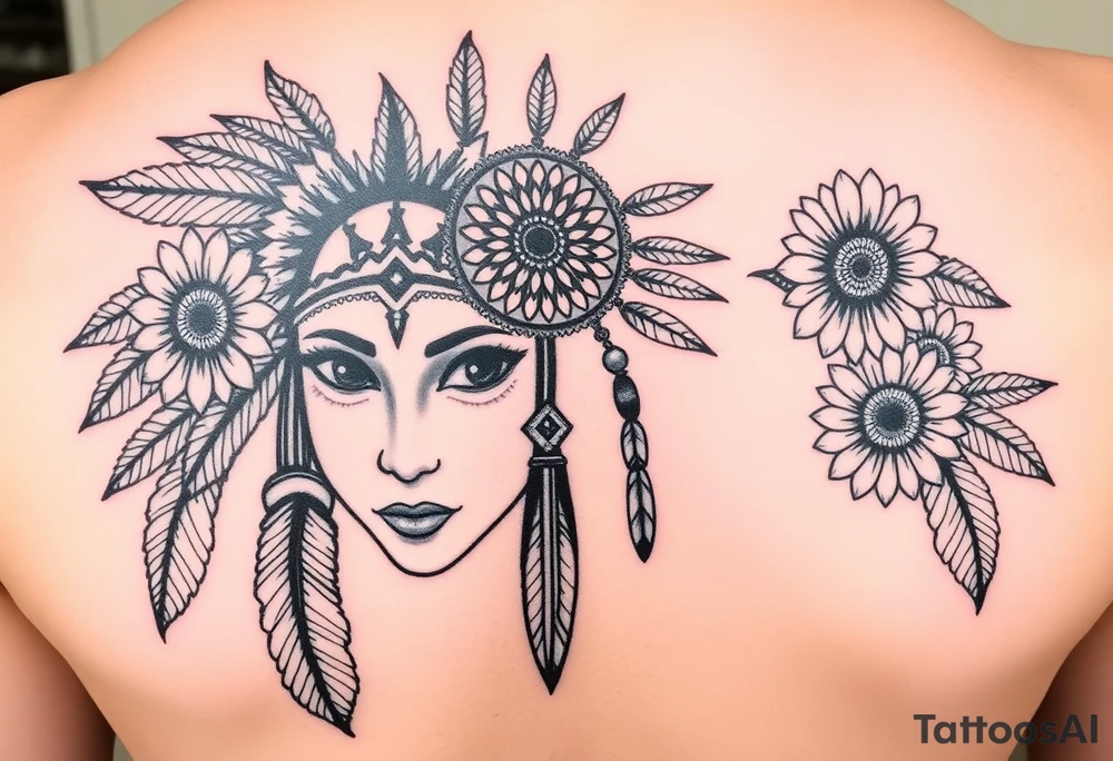 Native american medusa with black eyes, dream catcher on her forehead, and feathers and sunflowers in her hair tattoo idea