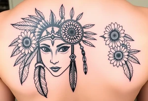 Native american medusa with black eyes, dream catcher on her forehead, and feathers and sunflowers in her hair tattoo idea