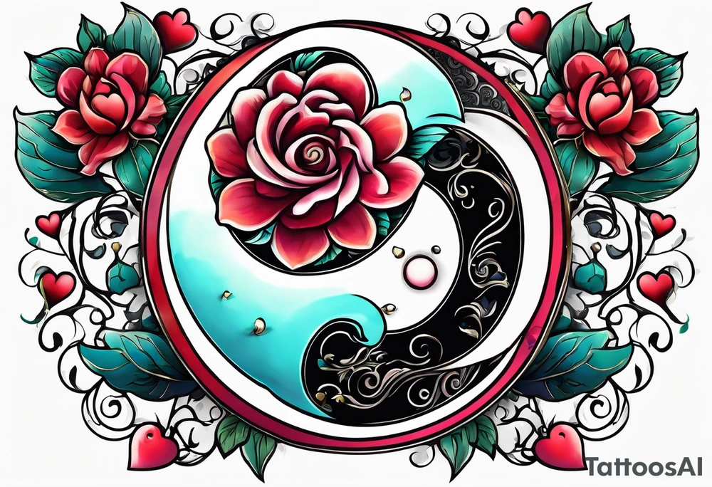 Ying Yang, hearts and flowers with medalla tattoo idea