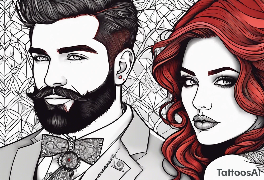 Busty red haired woman with a bearded man who has black hair getting married tattoo idea