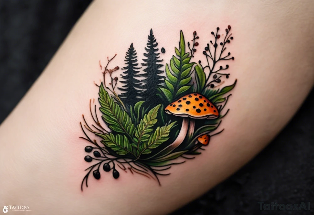 minimalistic forest floor inspired tattoo, which includes grass, moss, curly ferns and dead leaves as the bulk of the tattoo. details to include: forest berries, couple of very small brown mushrooms, a tiny bumblebee flying nearby tattoo idea