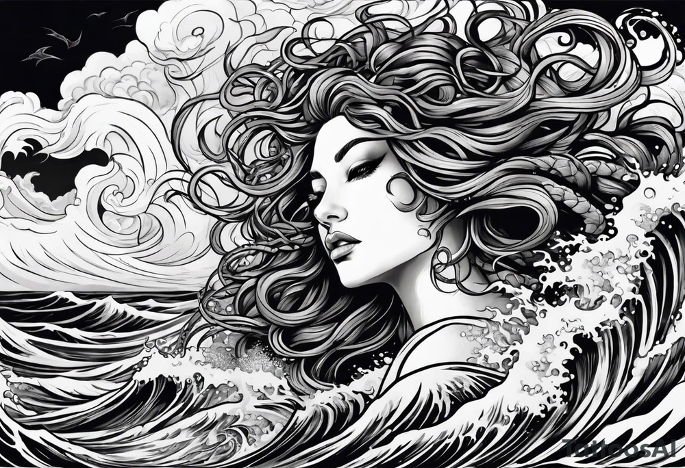 stormy sea waves, a woman in the middle of a storm, Medusa the Gorgon tattoo idea