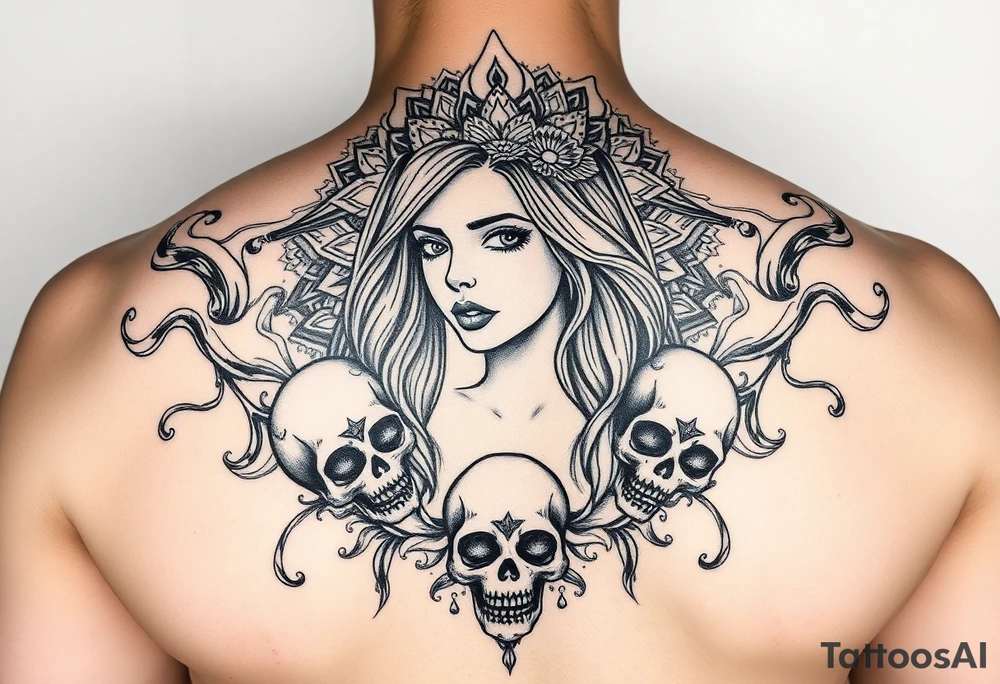 Gangsta sadgirl surrounded by mandala smoke and skulls tattoo idea