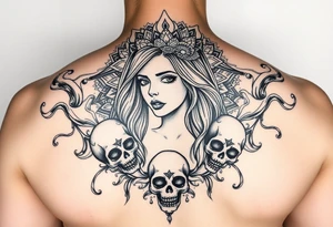 Gangsta sadgirl surrounded by mandala smoke and skulls tattoo idea