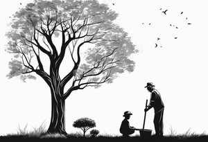 Old man planting a tree. Alongside a young boy playing under a full grown tree. tattoo idea