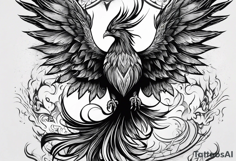Depict a phoenix rising from flames shaped like hearts, symbolizing the transformative power of love and the strength that emerges from the ashes of challenges. tattoo idea