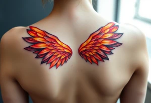 A pair of wings made from fire, transitioning from deep red at the base to golden yellow at the tips, symbolizing strength and courage. tattoo idea