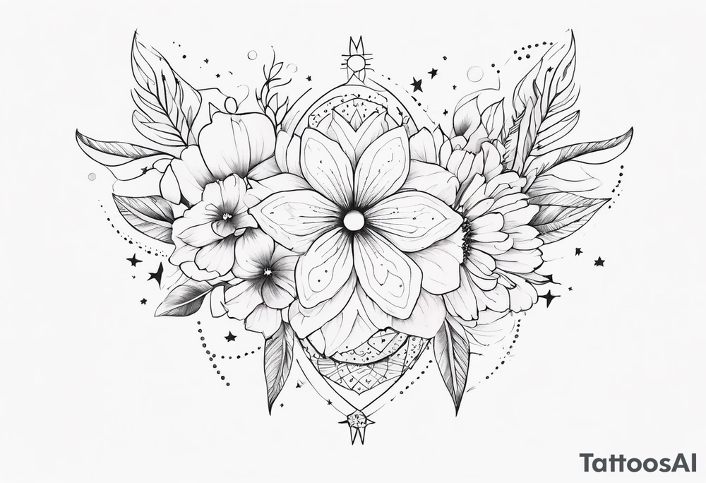 fine line with stars, floral, dots. Sternum tattoo tattoo idea