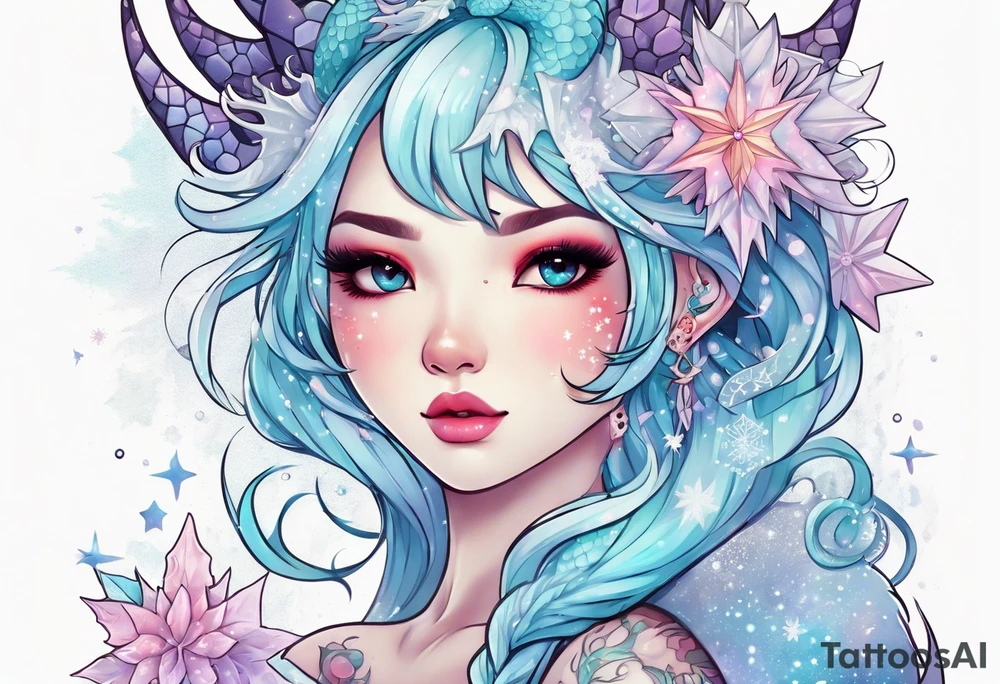 Constellation, kawaii dragon girl , snowflake tattoo idea