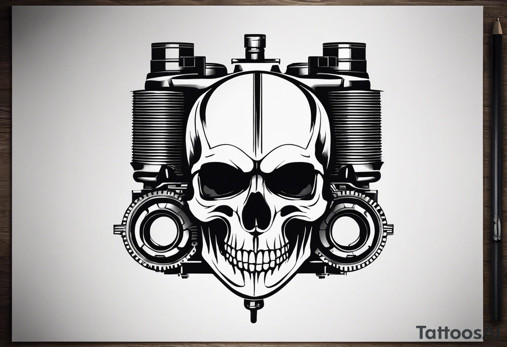 Powerful skull and engine, in this appears a piston and a turbo, also the dseign must be vertical. Also, the desing must be minimalistic not saturated. Remember the vertical design as this will go in my calf tattoo idea