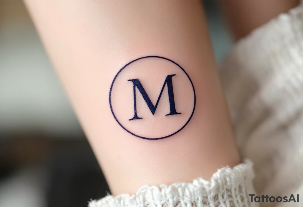 An elegant serif "M" in midnight blue, placed within a fine circular frame. tattoo idea