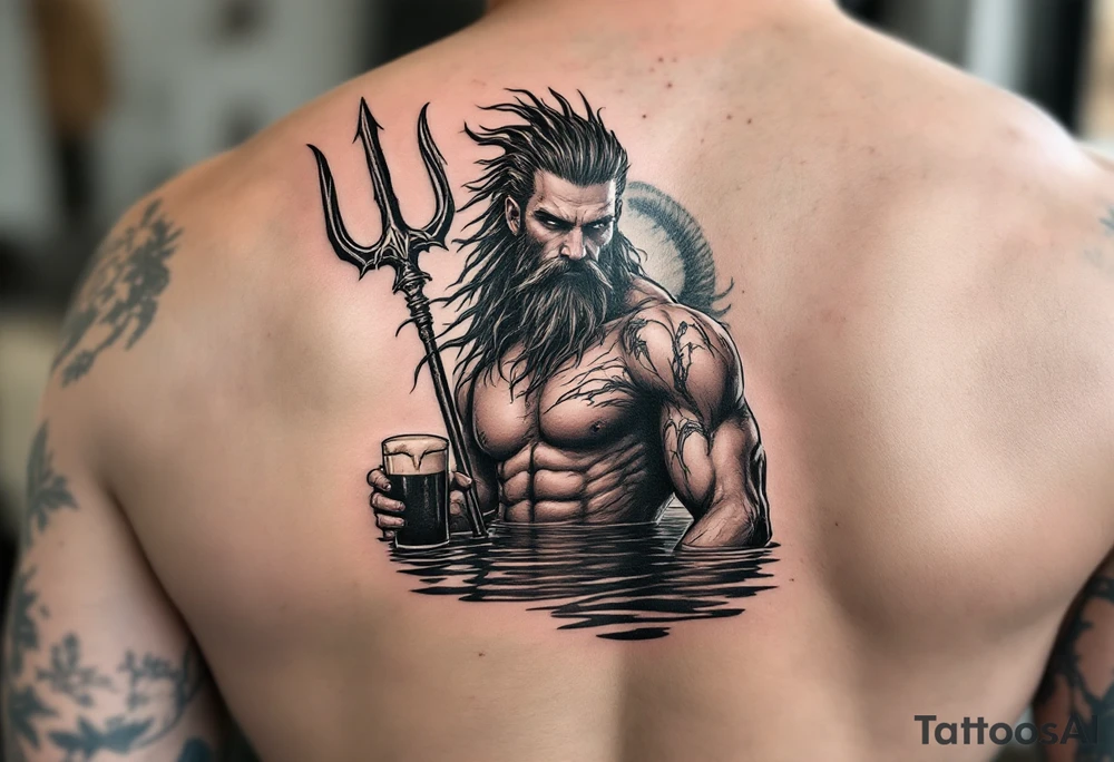 young, fit poseidon in calm water, behind a trident, holding a beer, looking at you tattoo idea