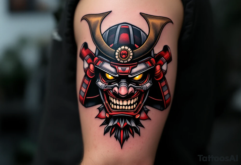 A traditional black and grey samurai mask (menpo) with red accents and fierce golden eyes. tattoo idea