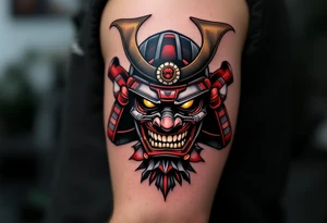 A traditional black and grey samurai mask (menpo) with red accents and fierce golden eyes. tattoo idea