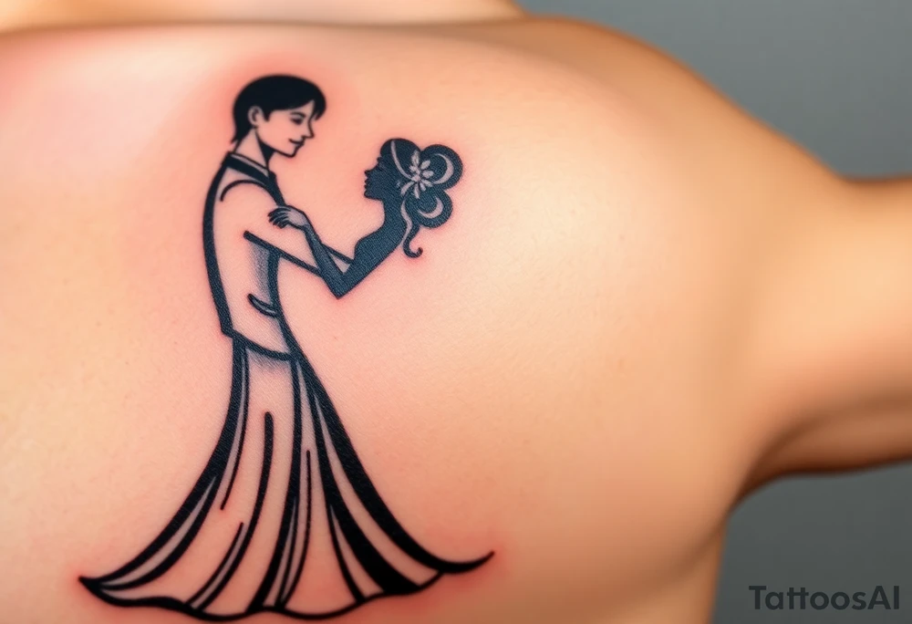 A black and white silhouette of a bride and groom in a romantic embrace, with soft golden highlights for warmth and elegance tattoo idea