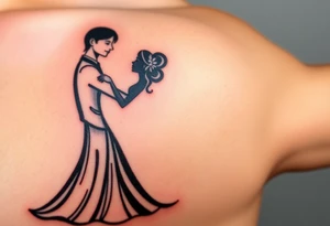 A black and white silhouette of a bride and groom in a romantic embrace, with soft golden highlights for warmth and elegance tattoo idea