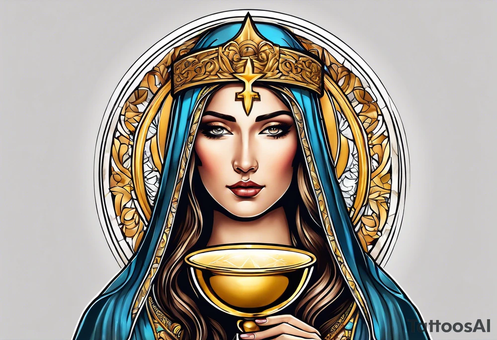 holy saint woman with golden halo holding a chalice tattoo idea