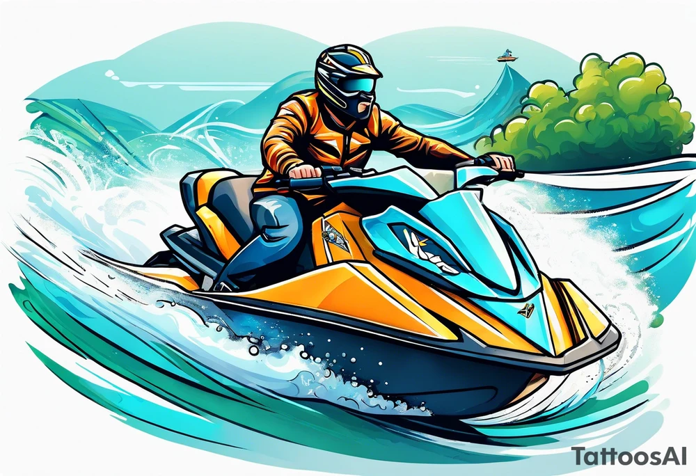 jay is a big irish man with three arms riding a jet ski tattoo idea