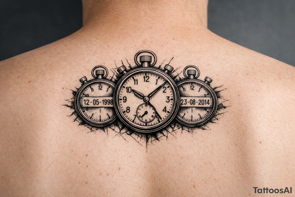 3 stop watches with time and date tattoo idea