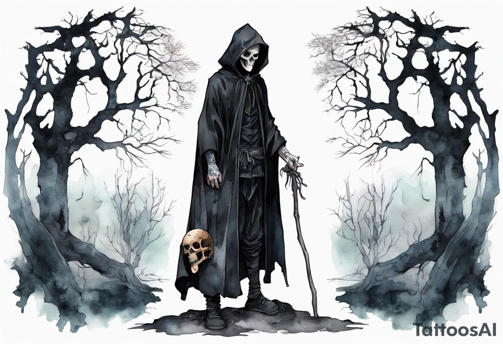 a thin medieval man in a black cloak wearing a skull mask, standing alone in a gloomy place with dead trees tattoo idea