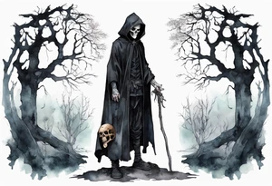 a thin medieval man in a black cloak wearing a skull mask, standing alone in a gloomy place with dead trees tattoo idea