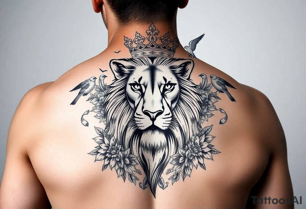 powerful majestic lion with a crown, surrounded by floral ornaments and birds tattoo idea