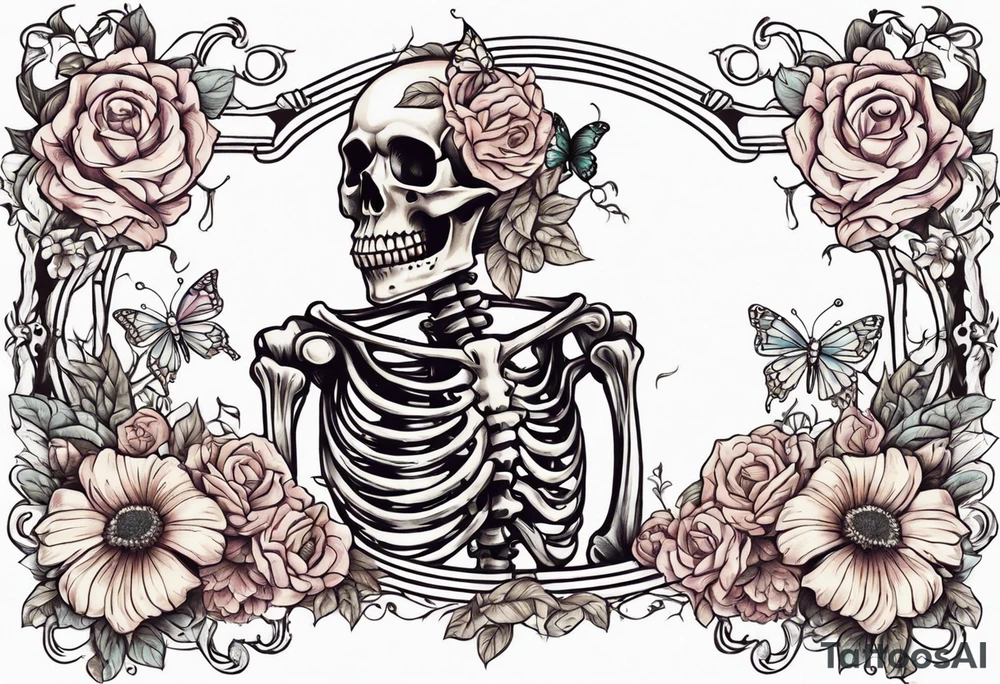 skeleton with body and flowers around it vintage sketch pretty and butterflies tattoo idea