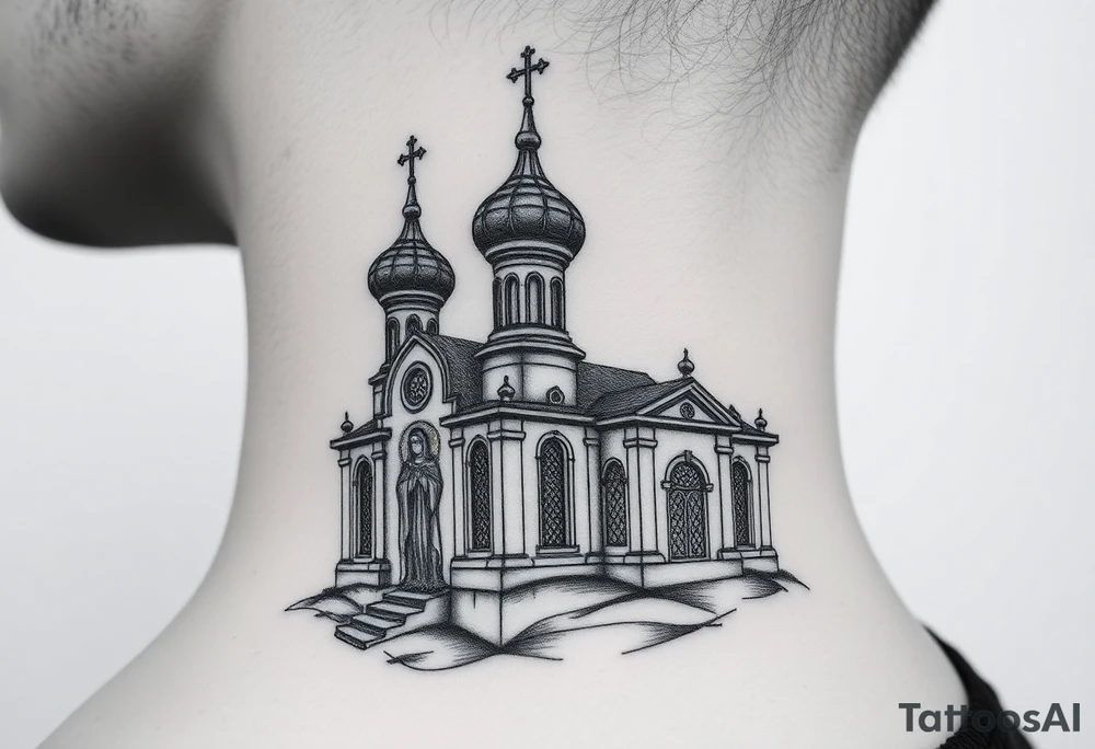 medium sized Russian orthodox church with bulb domes with a prominent russian orthodox style virgin mary stood outside to the left tattoo idea