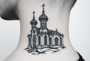 medium sized Russian orthodox church with bulb domes with a prominent russian orthodox style virgin mary stood outside to the left tattoo idea