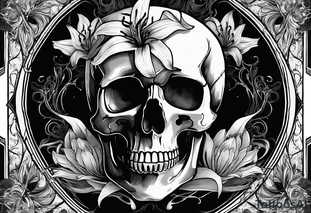 Tarot card 15cm x 10cm with Vincent Van Gogh's painting Skull with a Burning Cigarette. The boarders of the tarot card should be simple with spider lilies in each corner The smoke from the cigarette should go beyond the boarder. tattoo idea