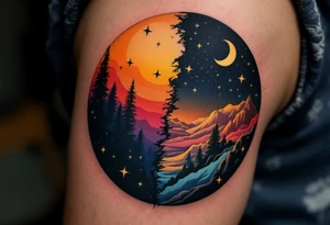 A circle divided into half night (deep navy and stars) and half day (golden sunrise hues). tattoo idea