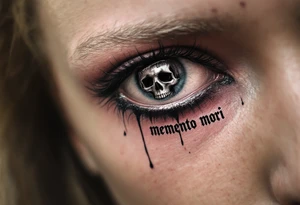 A realistic eye crying black ink tears, reflecting a skull in its pupil, with "memento mori" in gothic font below. tattoo idea