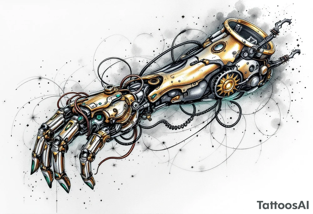 A steampunk-inspired robotic hand tattoo featuring brass tones, copper wiring, and emerald green glow at the joints. tattoo idea