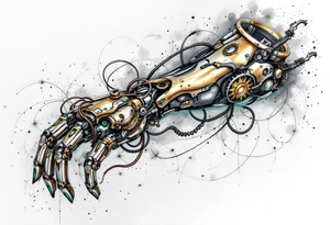 A steampunk-inspired robotic hand tattoo featuring brass tones, copper wiring, and emerald green glow at the joints. tattoo idea