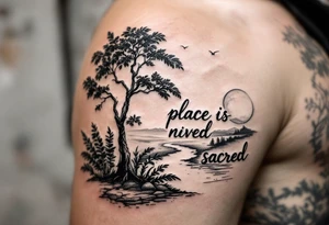 Hand written writing that says “this place is sacred” on a small breadfruit tree next to a river tattoo idea