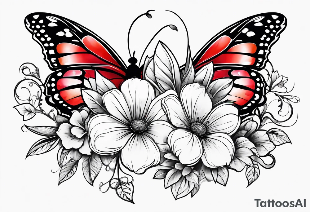 Flowers with "Ruby" in calligraphy font and butterflies around it tattoo idea