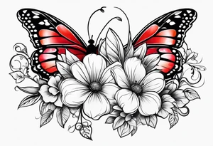 Flowers with "Ruby" in calligraphy font and butterflies around it tattoo idea