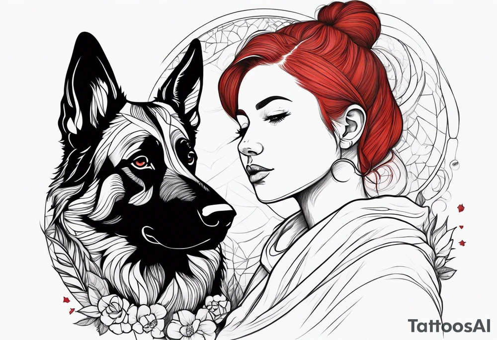 red hair woman with German shepherd dog tattoo idea