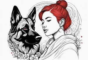 red hair woman with German shepherd dog tattoo idea