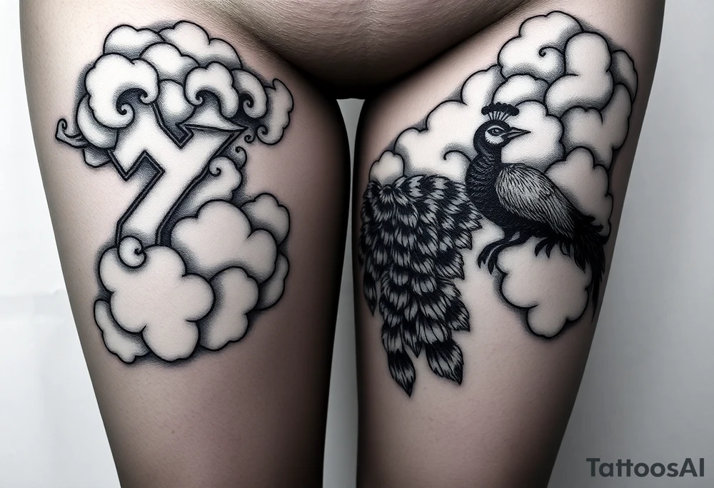 Storm clouds the word gluttony and sexy pig fat woman, peacock, money , envy, wrath, tattoo idea